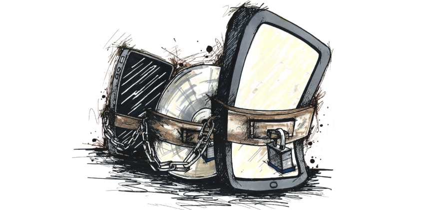 Smartphone, E-Book-Reader und CD-Rom in Ketten