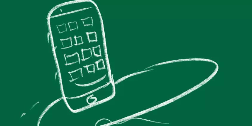 Gezeichnetes Smartphone auf einem Surfboard vor grünem Hintergrund.