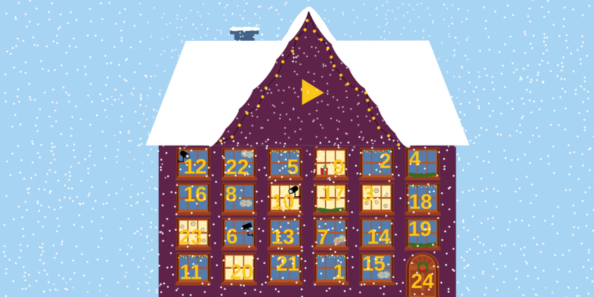 Grafik: Ein violettes Haus mit insgesamt dreundzwanzig Fensterchen und einer Tür. Die Fenster sind gemixt durchnummeriert. Das Dach des Hauses ist mit Schnee bedeckt, es schneit.