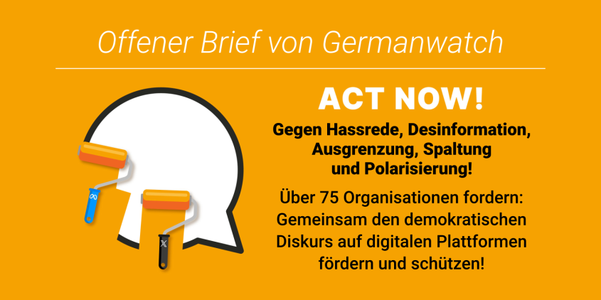 Kampagnen-Bild von Germanwatch zu offenem Brief: „Demokratischen Diskurs auf digitalen Plattformen fördern und schützen“