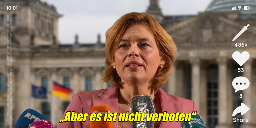 Fotomontage: Julia Klöckner vor dem Bundestag mit einem Social-Media-Overlay (liken, kommentieren, teilen). Im unteren Bildrand das Zitat: „Aber es ist nicht verboten.“