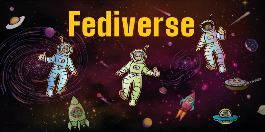 Illustration eines Universums mit Astronaut.innen und anderen Gestalten.