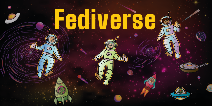 Illustration eines Universums mit Astronaut.innen und anderen Gestalten.