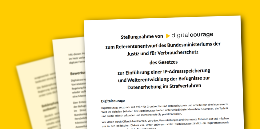 Grafik: „Ausgedruckte“ Stellungnahme von Digitalcourage auf gelbem Grund.