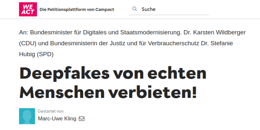 Screenshot der Petitionsseite "Deepfakes von echten Menschen verbieten!"