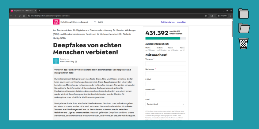 Screenshot der Petitionsseite „Deepfakes von echten Menschen verbieten!“