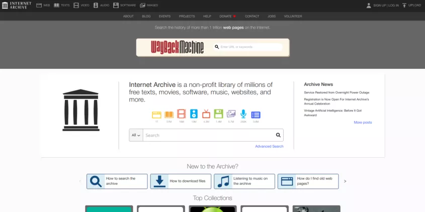 Screenshot von der Startseite des Internet-Archivs.
