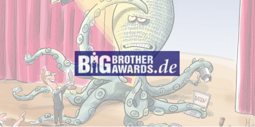 Ene Illustration einer Datenkrake auf einer Bühne (geringe Sättigung). Darüber das Logo der BigBrotherAwards.