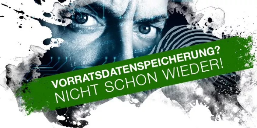 Grafik zur Vorratsdatenspeicherung mit dem Banner: „Nicht schon wieder“.