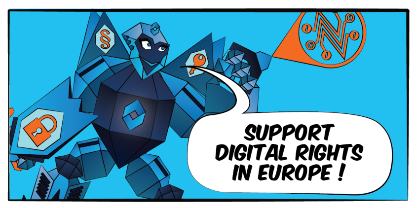 Illustration: Ein Roboter mit Sprechblase ("Support Digital Rights in Europe!").