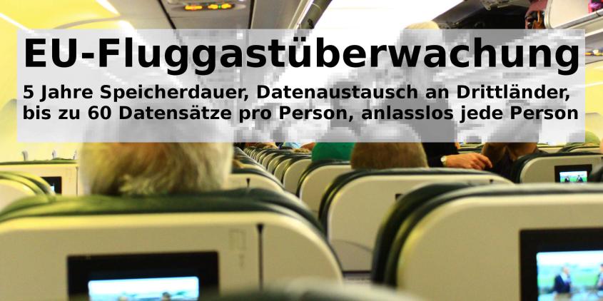 Ein Flugzeug von innen mit Passagieren. Darüber der Text in einem Kasten: „EU_Fluggastüberwachung. 5 Jahre Speicherdauer, Datenaustausch an Drittländer, bis zu 60 Datensätze pro Person, anlasslos jede Person“.