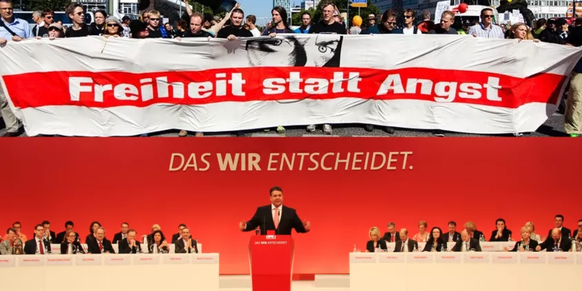 Collage: Banner zu „Freiheit statt Angst“ (oben). Sigmar Gabriel an einem Redepult während einer Veranstaltung der SPD (unten).