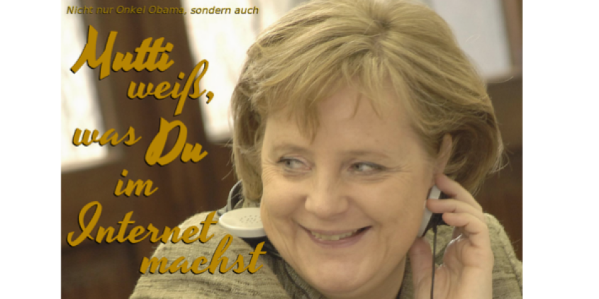 Montage: Portraitaufnahme von Angela Merkel. Daneben der Text: „Mutti weiß, was du im Internet machst.“