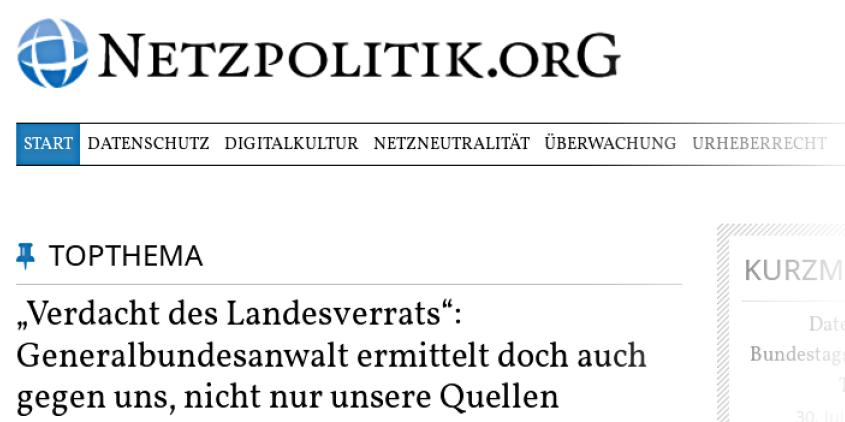 Screenshot von von netzpolitik.org mit dem Artikeltitel: „Verdachts auf Landesverrat“