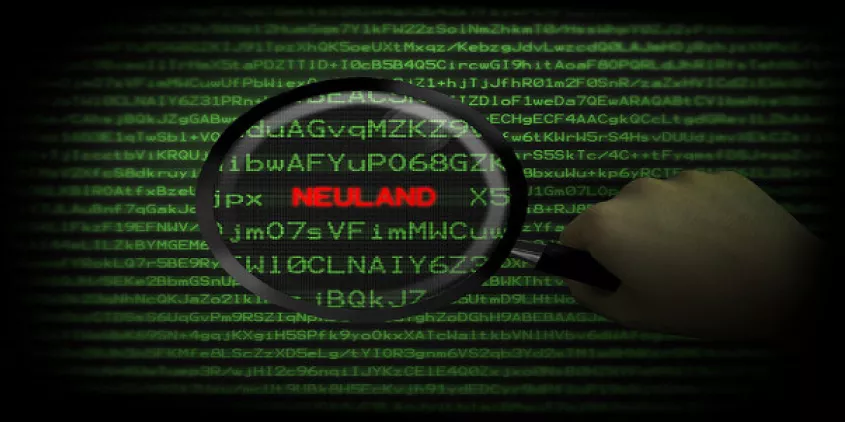 Grafik: Eine Lupe, die über verschlüsselten Text gehalten wird. Das Wort „Neuland“ erscheint.