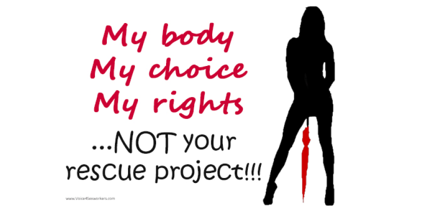 Grafik: Silhouette einer Person. Links daneben der Text: "My body, my choice, my rights... NOT your rescue project".