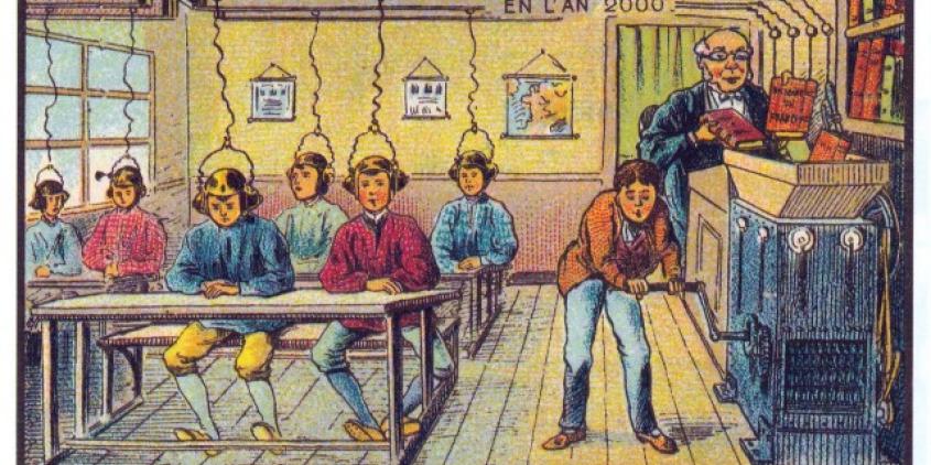 Altertümliche Zeichnung einer Schulklasse, deren Köpfe an eine Maschine angeschlossen sind, in die der Lehrer Bücher reinwirft.