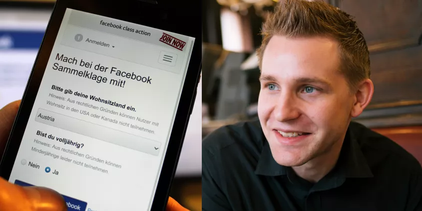 Collage: Smartphone-Bildschirm mit der Facebook-Sammelklage (links), Portraitaufnahme von Max Schrems (rechts)
