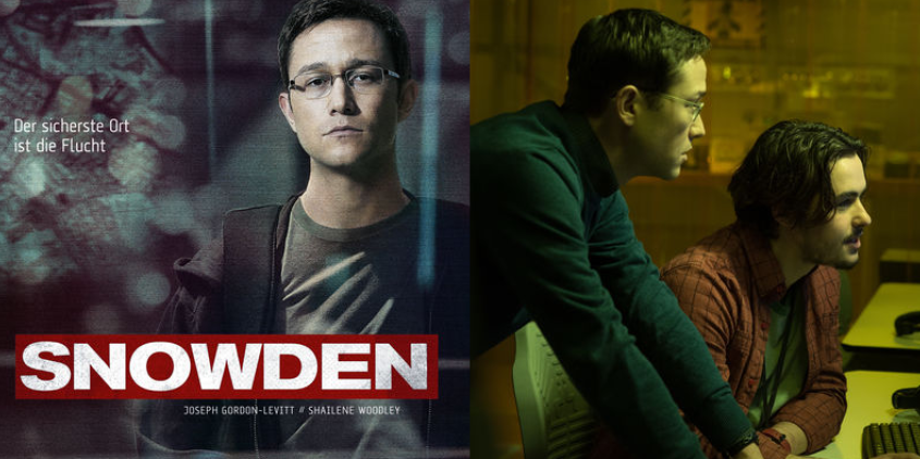 Filmplakat "Snowden" (links), Ausschnitt aus dem Film (rechts).