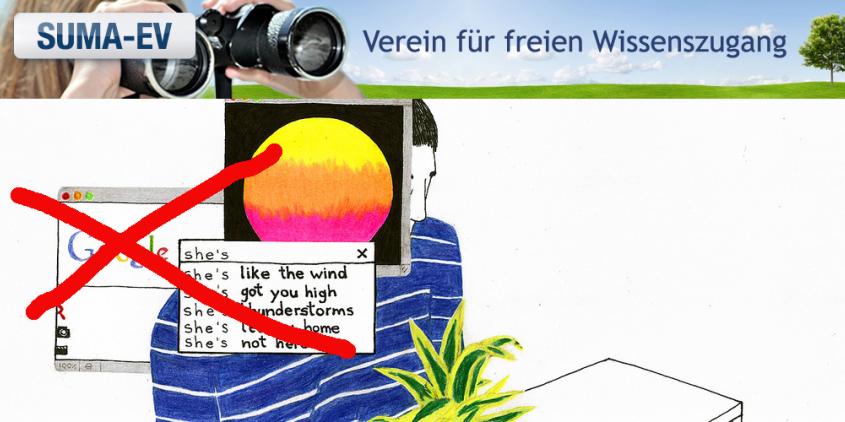 Collage: Illustration einer Person, die an einem Tisch sitzt. Im Hintergrund die Suchmaschine Google mit Suchvorschlägen. Diese sind Durchgestrichen. Über der Illustration der Text: Sume e. V. Verein für freien Wissenszugang sowie das Foto einer Person mit Fernglas.