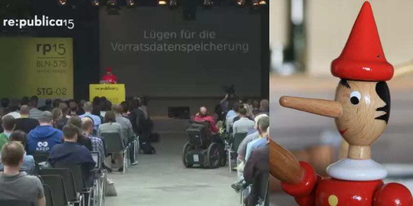 Zwei Fotos: republica-Veranstaltung (links) und Holzpuppe von Pinocchio (rechts).