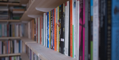 Ein Bücherregal mit vielen Büchern (seitlich fotografiert)