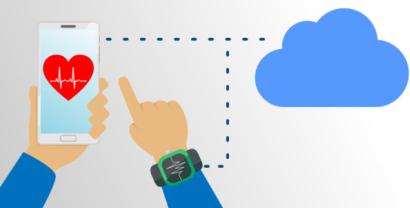 Grafik von zwei Händen. Die linke hält ein Smartphone (darauf ein Herz), die rechte trägt eine Smartwatch. Beide Geräte sind verbunden mit einer blauen Wolke.
