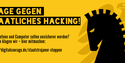 Banner in schwarz-gelb: „Klage gegen staatliches Hacking“. Rechts die Silhouette der Schachfigur Pferd, dahinter entsättigt der Bundesadler.