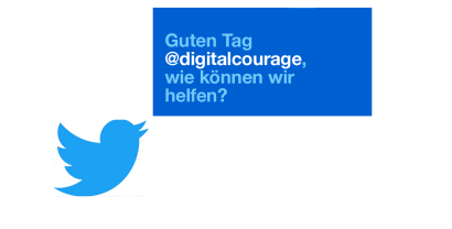 Twitter-Logo in Form eines blauen Vogels (Symbol) mit einer Sprechblase: „Guten Tag @digitalcourage, wie können wir helfen?“