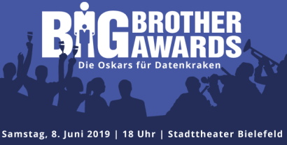 Das Logo der Big Brother Awards in weiß auf blauem Hintergrund. Darunter als Silhouette feiernde Menschen.