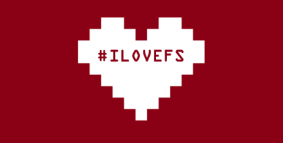 Pixelgrafik eines weißen Herzens auf rotem Grund. Darin der Text "'ILOVEFS"