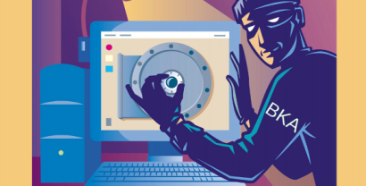 Ein Einbrecher steht vor einem Computer und öffnet einen virtuellen Safe