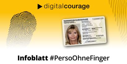 Infoblatt #PersoOhneFinger mit einem Fingerabdruck und einem Personalausweis.