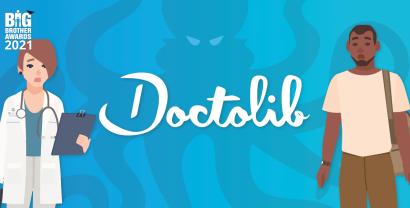 Links eine Ärztin, rechts ein weiterer Mensch, in der Mitte der Schriftzug Doctolib, im Hintergrund eine Krake