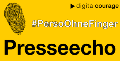 Die Grafik zeigt einen großen Fingerabdruck, welcher vom ehemaligen Innenminister Schäuble stammt. Das Logo von Digitalcourage, der Hashtag "PersoOhneFinger" und der Schriftzug "Presseecho" sind abgebildet.