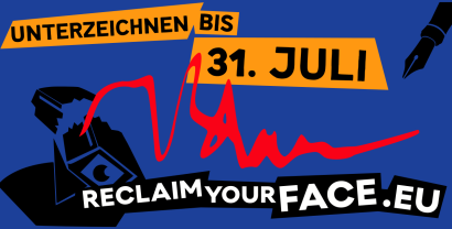 Grafik mit einer abstrahierten Überwachungskamera (in schwarz), einer Unterschrift (in rot) und einem Füllfederhalter (in schwarz) auf blauem Untergrund. Auf einem orangenen Banner steht: "Unterschreiben bis 31. Juli".