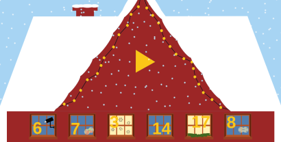 Weihnachtliches rotes Haus mit Schnee auf dem Dach und nummerierten Fenstern.