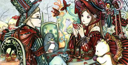 Illustration von „Alice im Wunderland“ teetrinkend an einem Tisch mit einer anderen Person.
