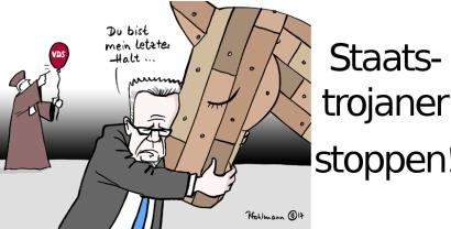 Karikatur „Staatstrojaner stoppen“: Ein Mensch, der sich an den Kopf eines Holzpferdes klammert. 