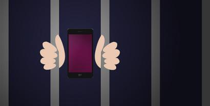Comicartige Grafik eines Smartphones hinter Gitterstääben
