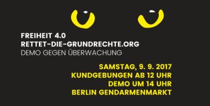 Banner für die Demo „Rettet die Grundrechte“.