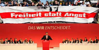 Collage: Banner zu „Freiheit statt Angst“ (oben). Sigmar Gabriel an einem Redepult während einer Veranstaltung der SPD (unten).