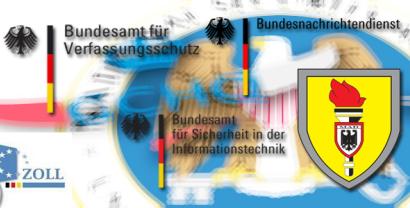 Collage aus diversen Logos deutscher und amerikanischer Bundesämter (BND, Verfassungsschutz, Sicherheit in der Informationstechnik)