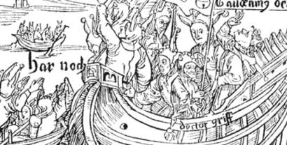 Eine altertümliche Zeichnung eines Narrenschiffes (Original: Sebastian Brant).