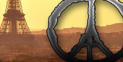Collage: Grafik eines Peace-Zeichens. Im Hintergrund ein Teil des Eifelturms.