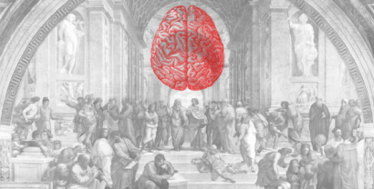 Collage: Ein Gemälde von Raffael (in schwarz-weiß). Darüber eine Grafik eines Gehirns im Querschnitt (rot).