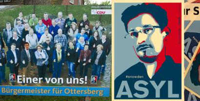 Collage: Wahlplakat der CDU Ottersberg und Edward-Snowden-Aufkleber.