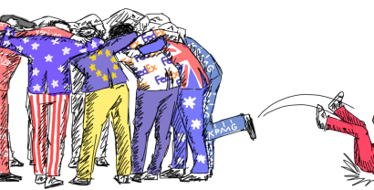 Illustration: Personen mit „besonderen“ Anzügen (Verizon, USA-Flagge, EU-Flagge, FedEx, Großbritannien-Flagge und KPMG), die im Kreis stehen. Eine Person wird rausgekickt (Anzug mit China.Flagge).