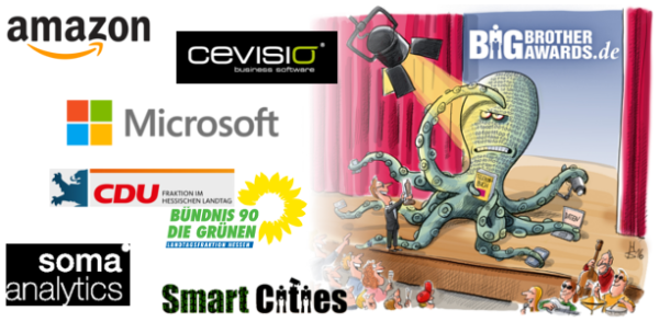 Grafik: Datenkrake von Heiko Sakurai und Logos der Preisträger der BigBrotherAwards 2018