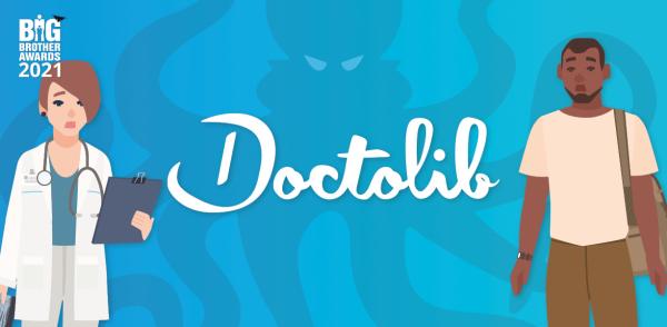Links eine Ärztin, rechts ein weiterer Mensch, in der Mitte der Schriftzug Doctolib, im Hintergrund eine Krake